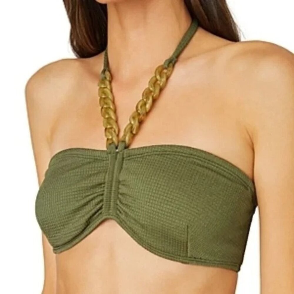 Shoshanna Halter Neck Bandeau Bikini Top Cinched Chain Bra D Cup Olive Green New